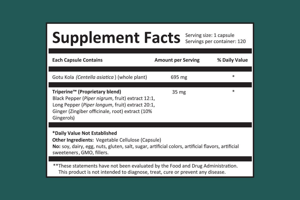 Dr Gumman Clinical Grade Gotu Kola 120 vegan capsules supplement facts label detailing pure ingredients.