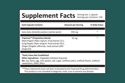 Dr Gumman Clinical Grade Gotu Kola 120 vegan capsules supplement facts label detailing pure ingredients.
