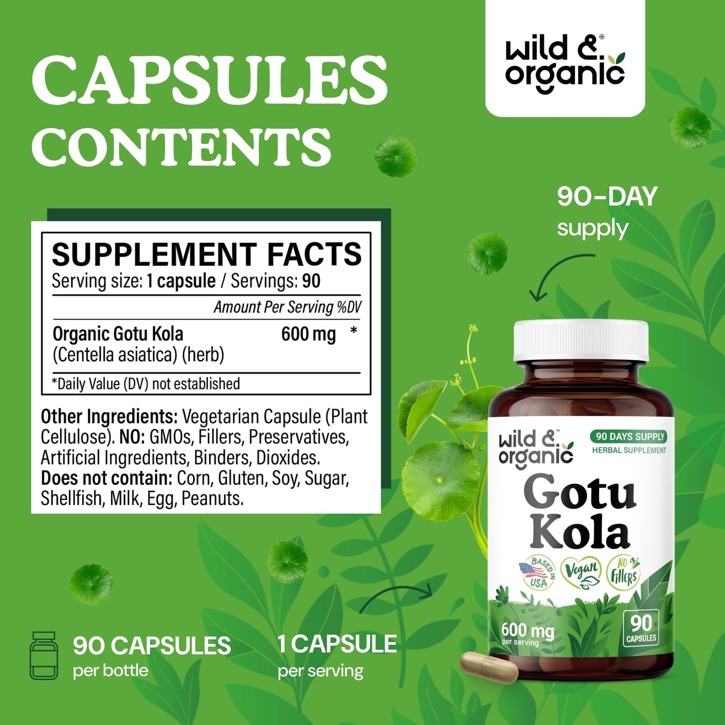 Back label of Wild and Organic Gotu Kola supplement detailing dietary ingredients