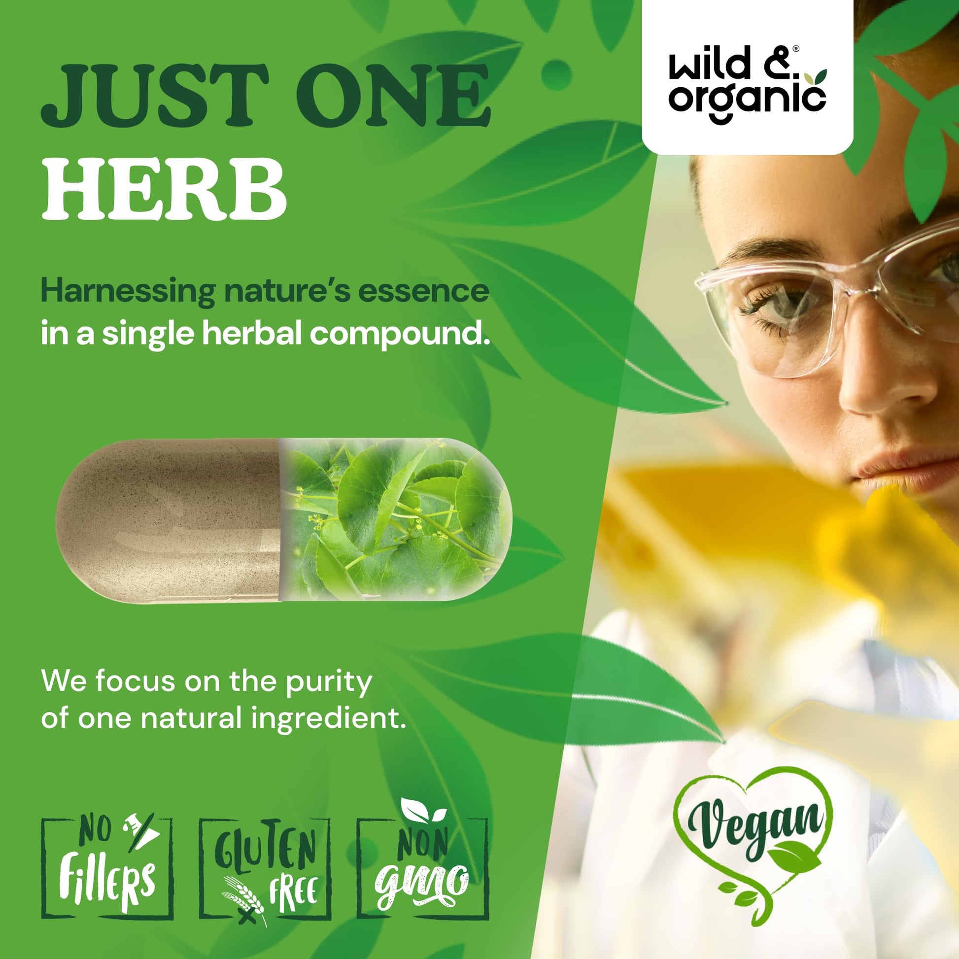 Premium non-GMO herbal brain supplement bottle by Wild and Organic