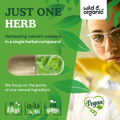 Premium non-GMO herbal brain supplement bottle by Wild and Organic