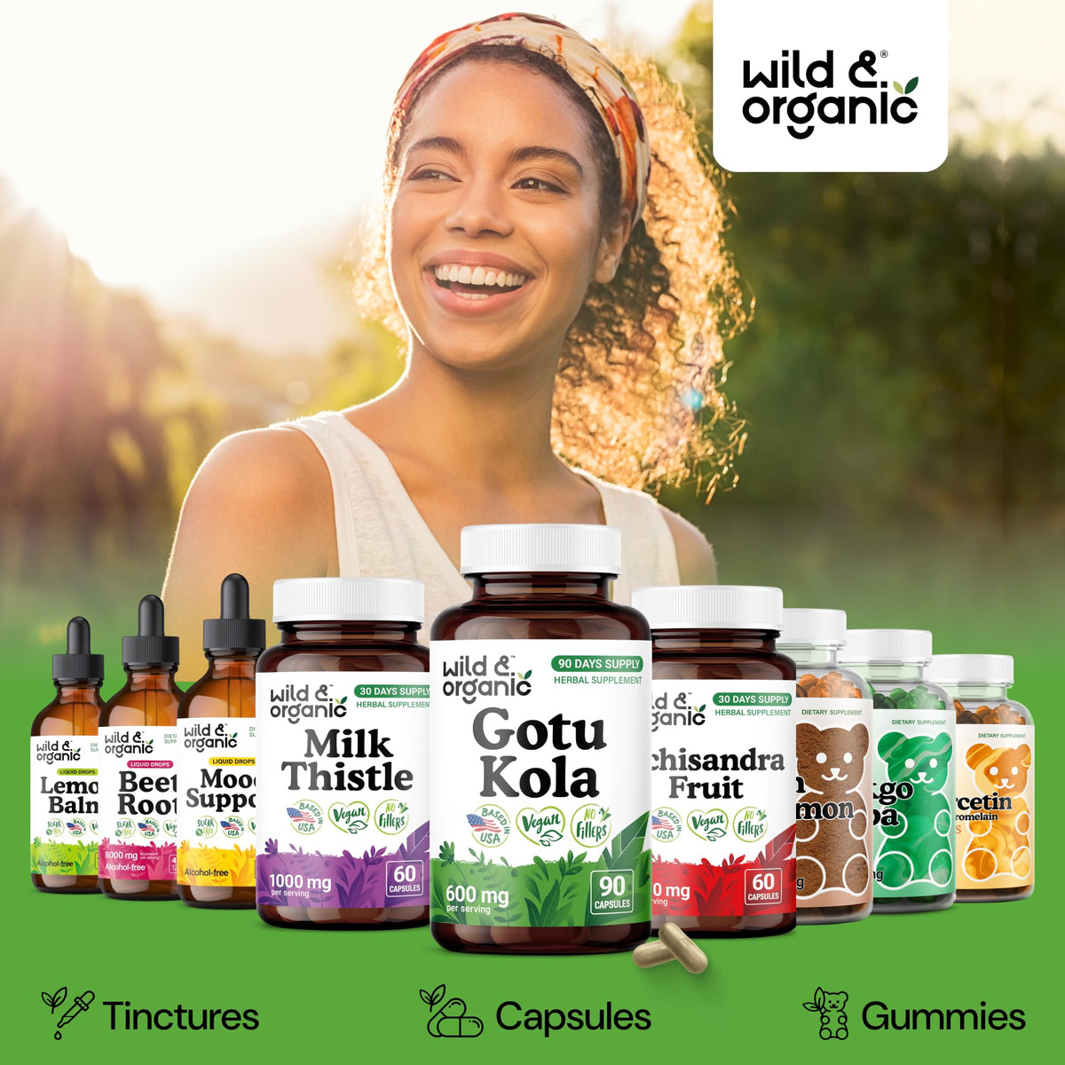 Side panel of Wild and Organic Gotu Kola bottle outlining usage instructions