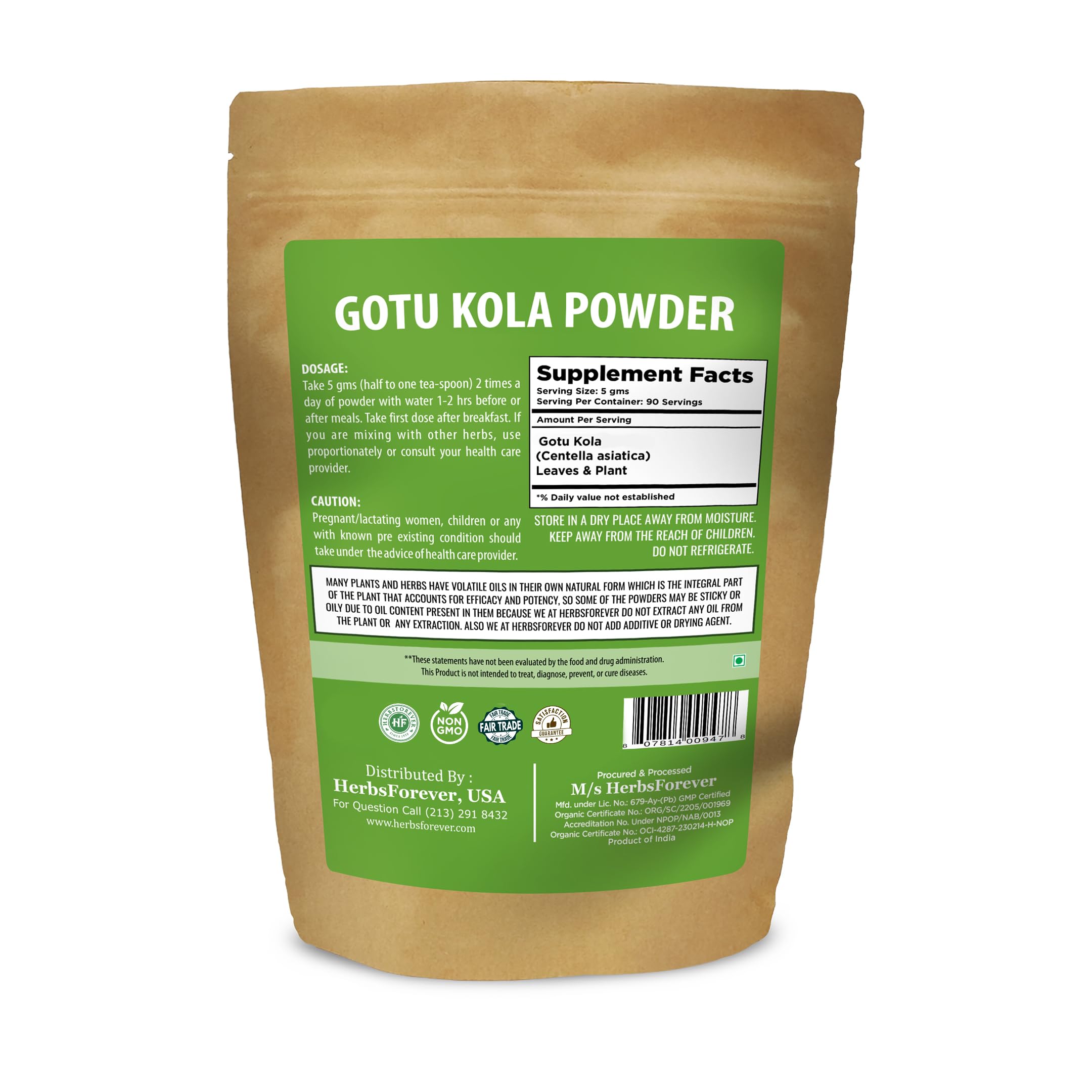 Centella Asiatica herbal powder resealable pouch for memory enhancement