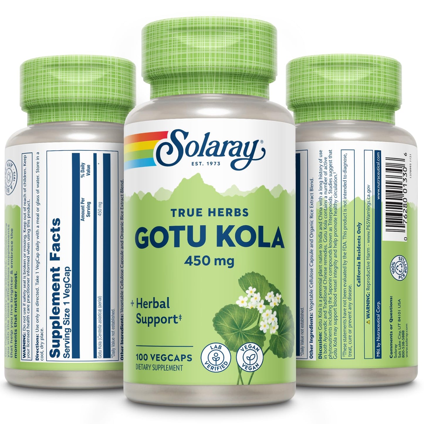 Back label of Solaray Gotu Kola capsules showing supplement facts and serving sizes.