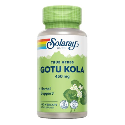 Authentic Solaray True Herbs bottle showing non-GMO and vegan verification symbols.