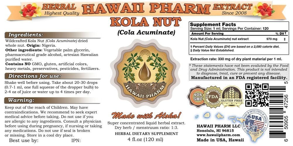Hawaii Pharm Cola Acuminata herbal tincture supplement label details for energy support
