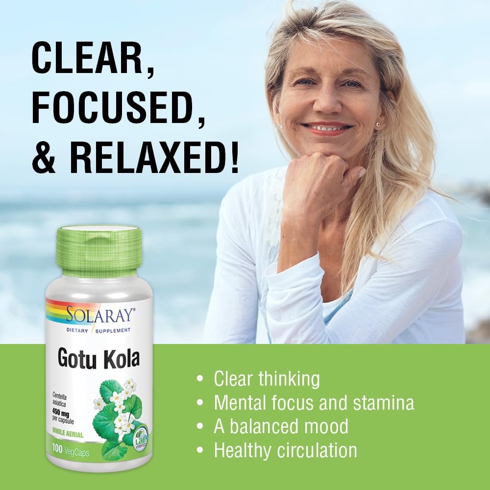 Top view of Solaray Gotu Kola 100 VegCaps packaging with secure factory sealing.