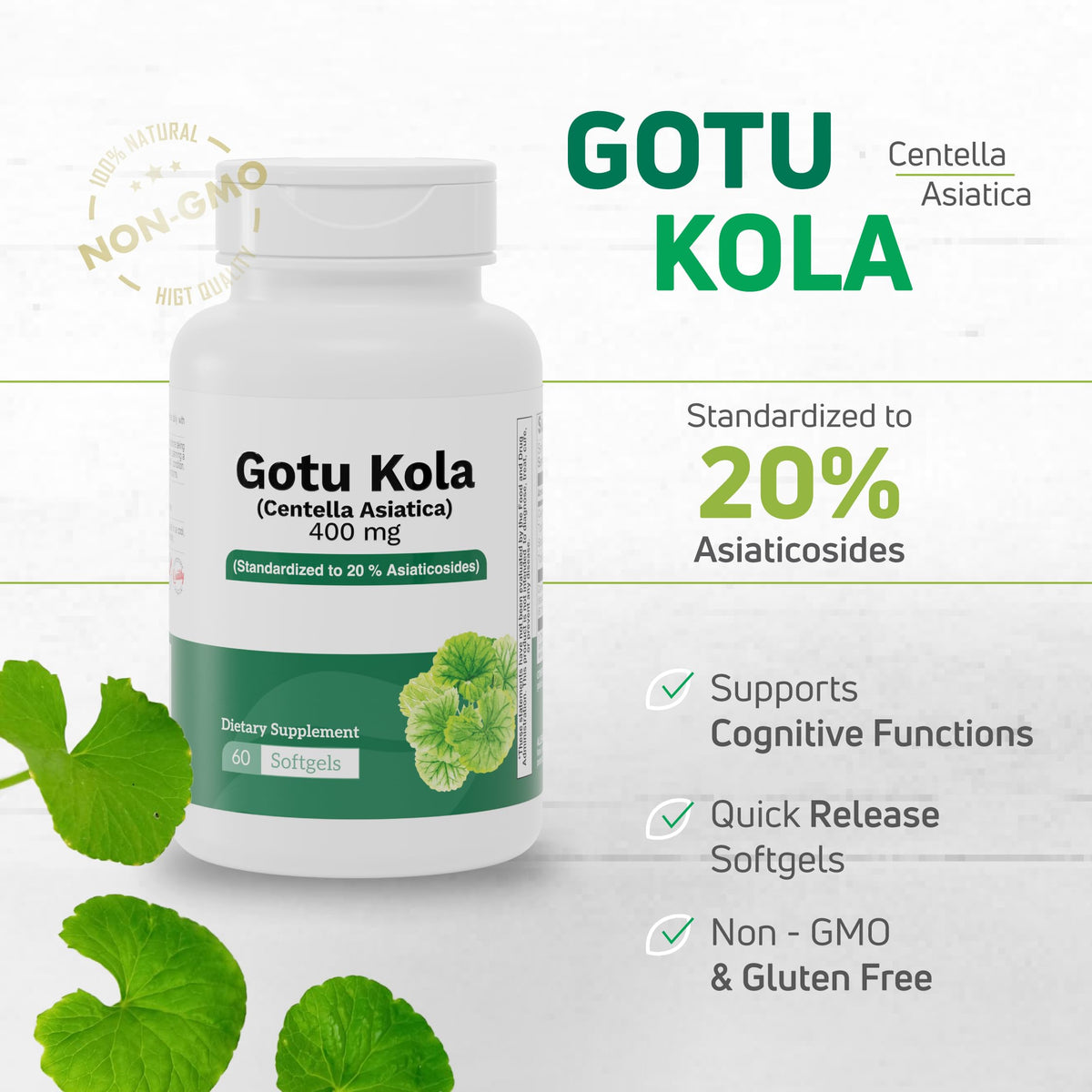 Nutra Nutrition Gotu Kola 400mg back label showcasing supplement facts and clean ingredients