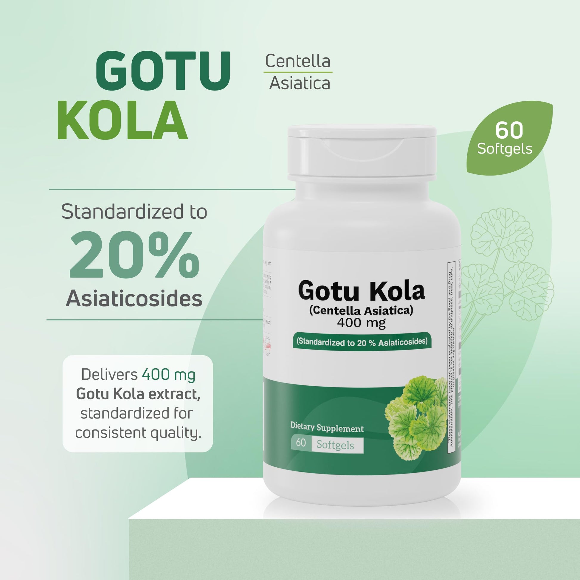 Nutra Nutrition Gotu Kola herbal dietary supplement green softgels displayed next to the bottle