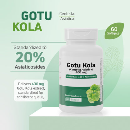 Nutra Nutrition Gotu Kola herbal dietary supplement green softgels displayed next to the bottle