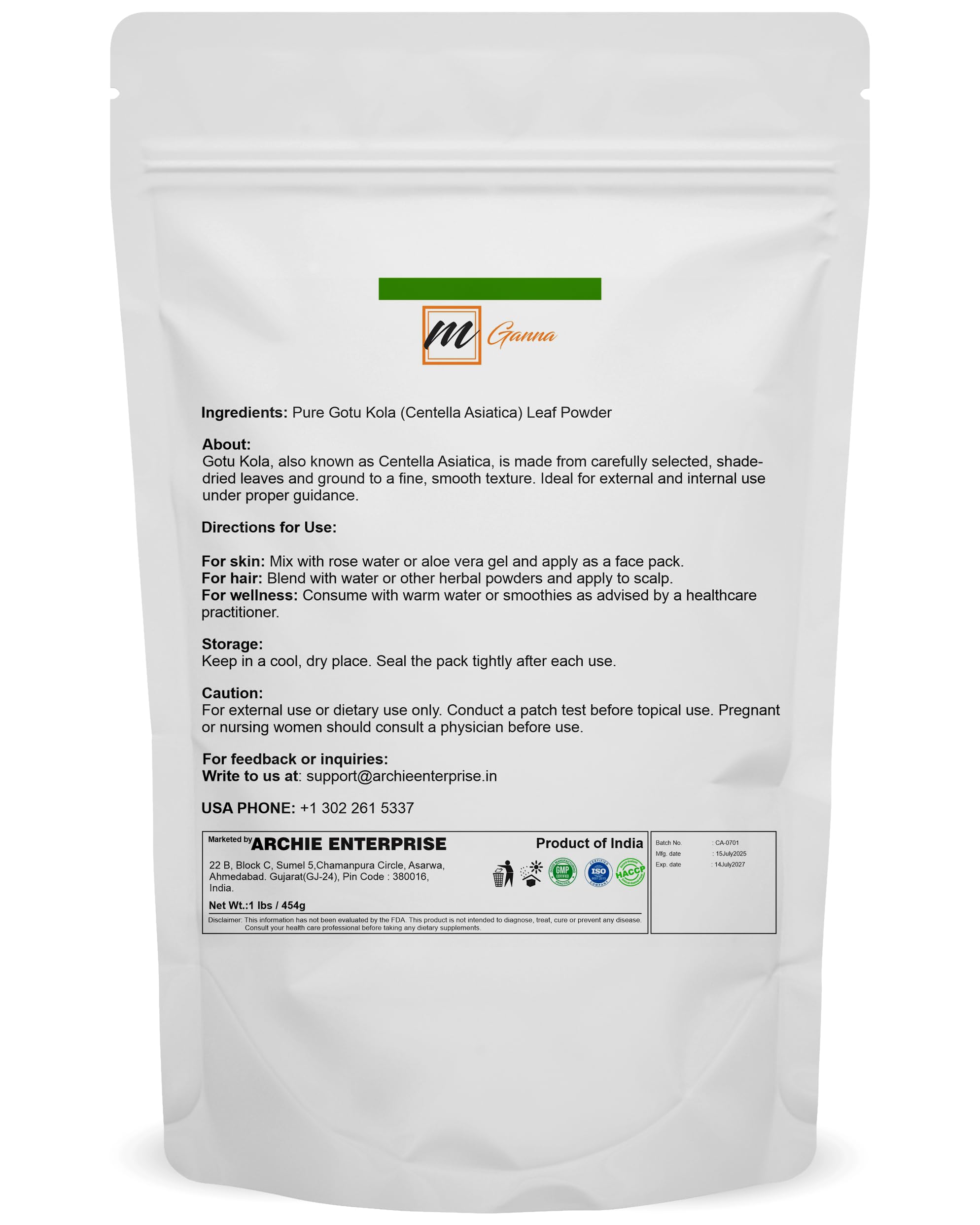 Back label of mGanna Centella Asiatica bulk bag showing product facts and pure ingredients.