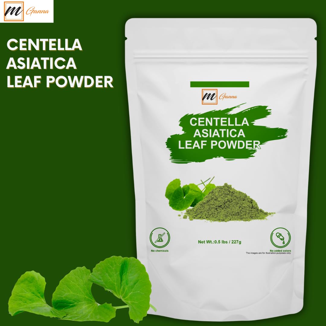 Green authentic Gotu Kola herbal powder spilled next to its 1 pound storage bag.