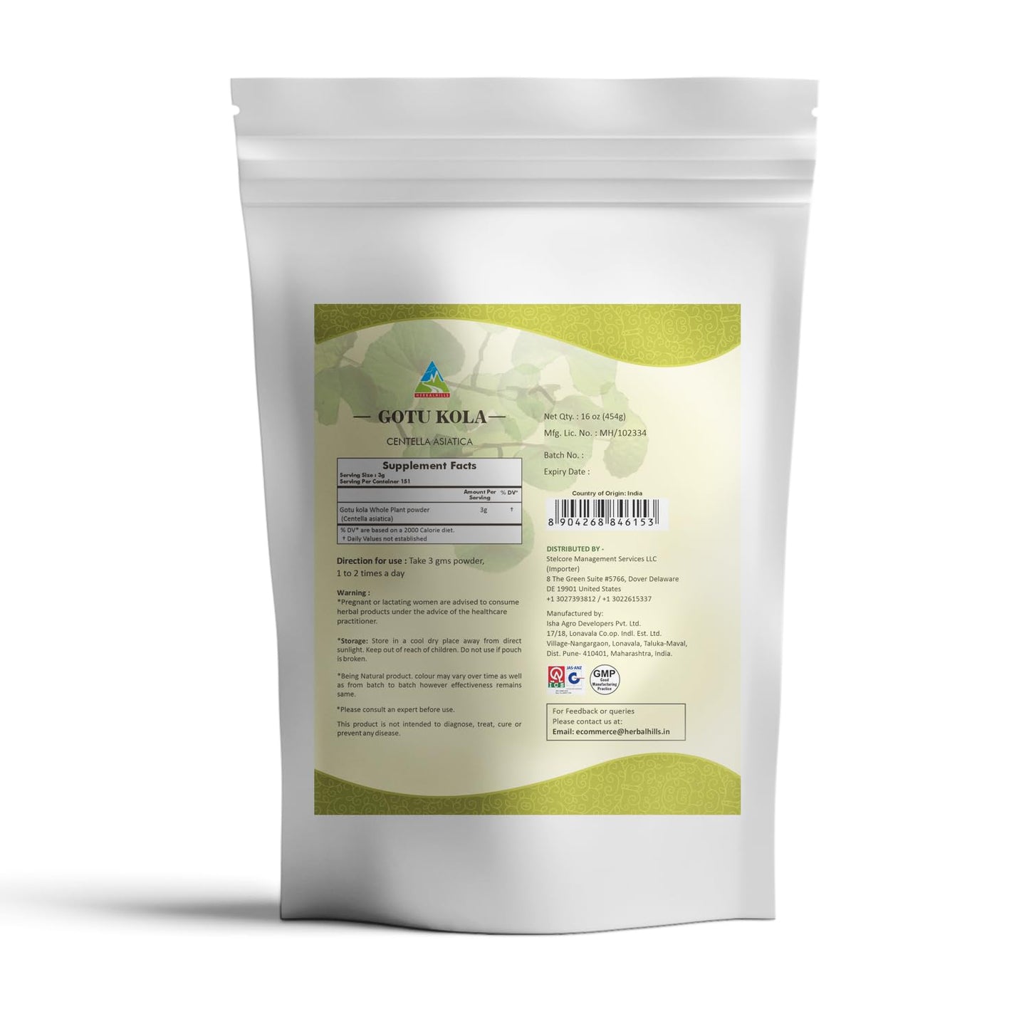 Herbal Hills Centella Asiatica natural powder nutritional information label