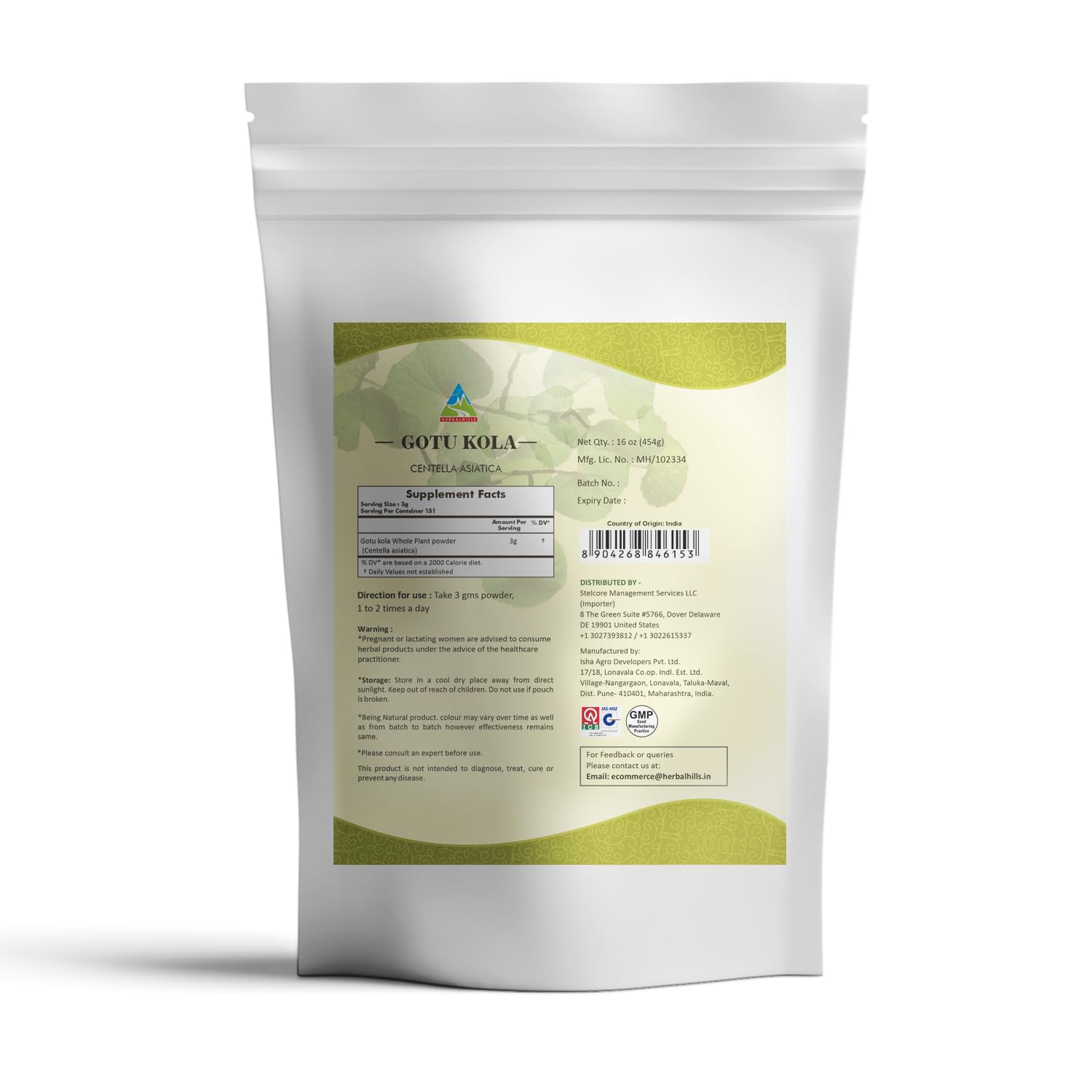Herbal Hills Centella Asiatica natural powder nutritional information label