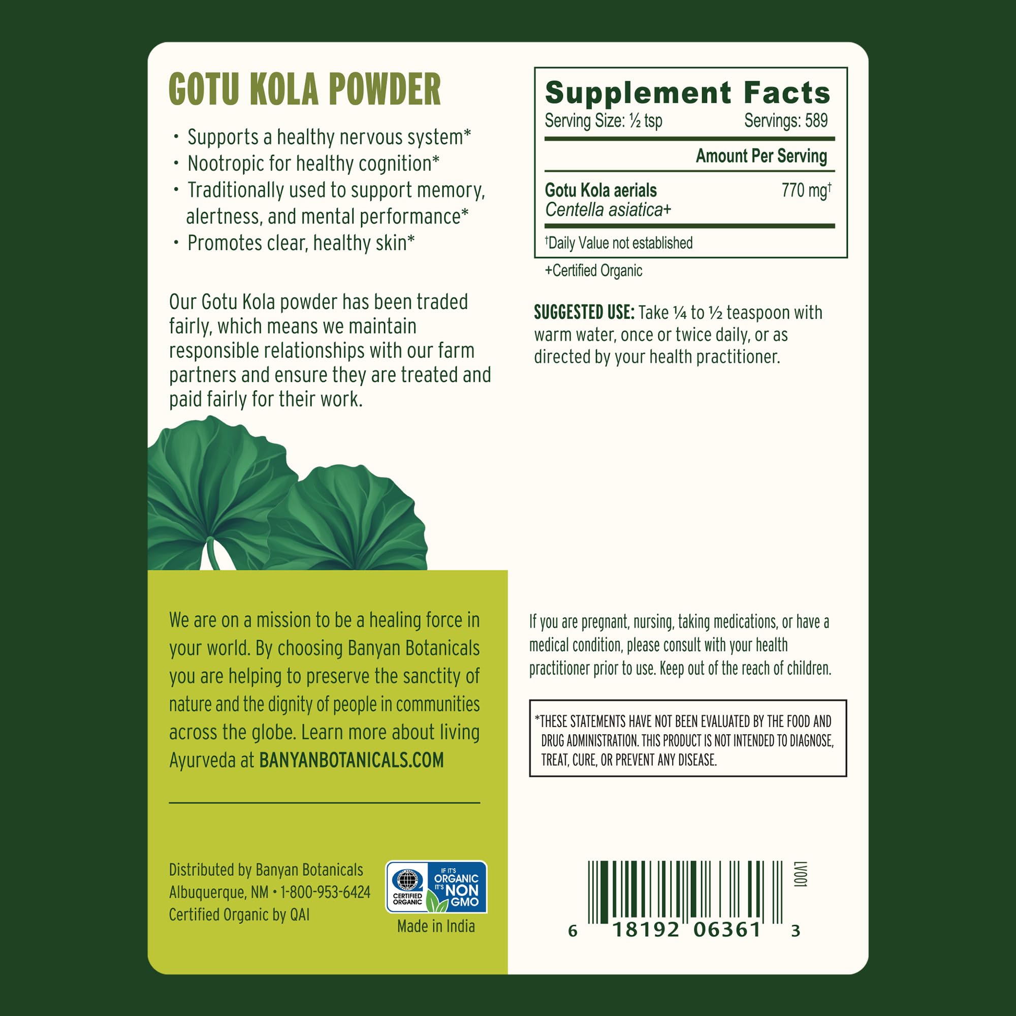Banyan Botanicals Organic Brahmi Centella Asiatica leaf powder consistency close up