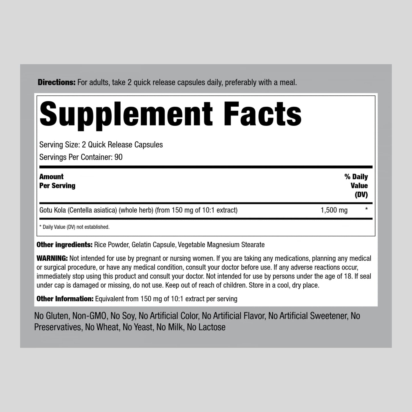Piping Rock Centella asiatica herbal supplement packaging displaying non-GMO and gluten free labels