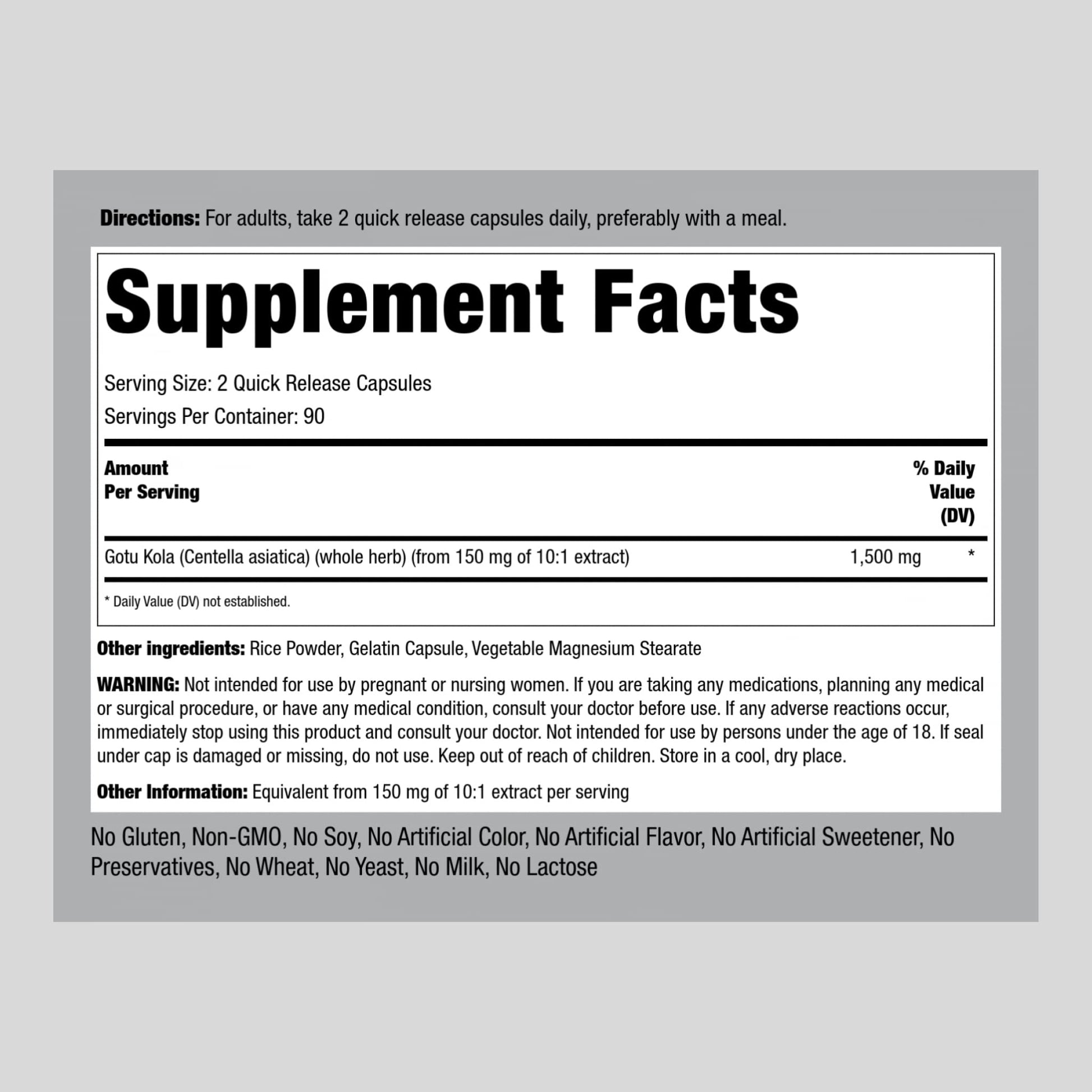 Piping Rock Centella asiatica herbal supplement packaging displaying non-GMO and gluten free labels