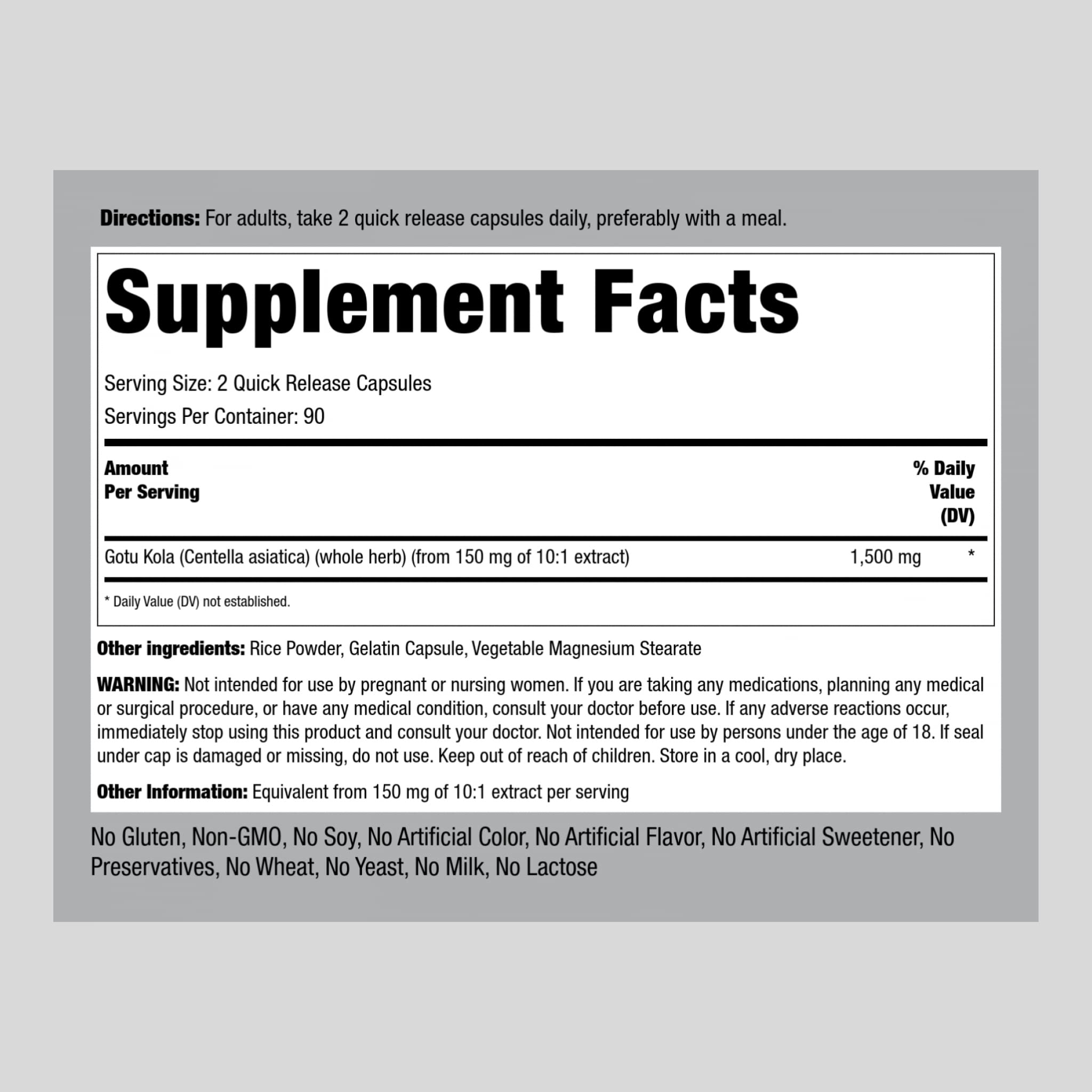 Piping Rock Centella asiatica herbal supplement packaging displaying non-GMO and gluten free labels