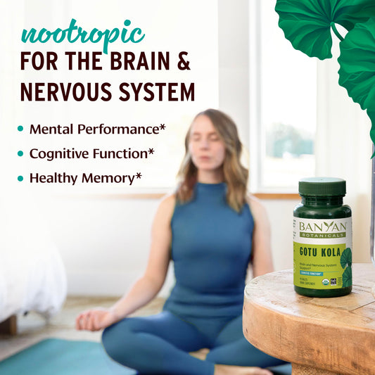 Banyan Botanicals Gotu Kola Ayurvedic tablets label details listing USDA Organic certified ingredients