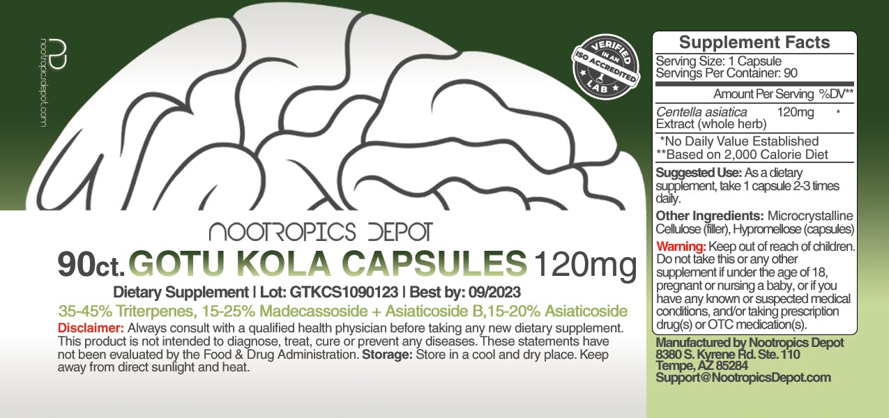 Nootropics Depot Centella asiatica supplement facts panel with standardization details