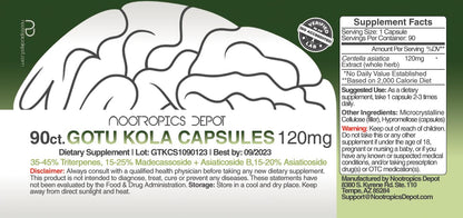 Nootropics Depot Centella asiatica supplement facts panel with standardization details