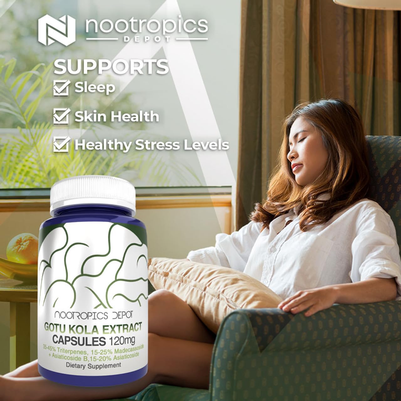 Nootropics Depot Gotu Kola 90 capsules packaging displaying active triterpenes ratio