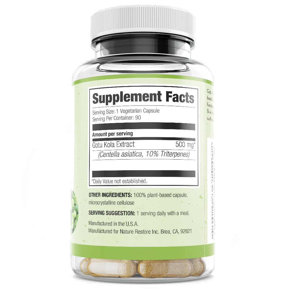 Nature Restore Centella asiatica supplement label showing 10 percent triterpenes standardization