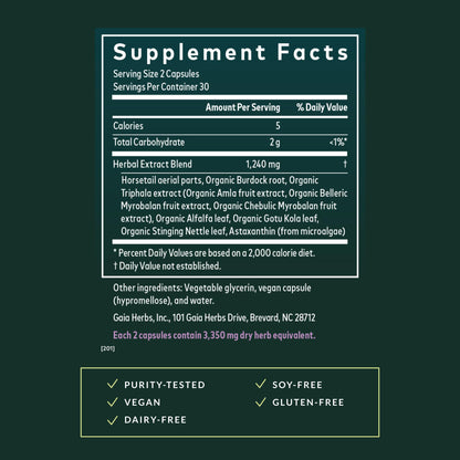 Liquid Phyto Capsules container showing dietary certifications and vegan labels