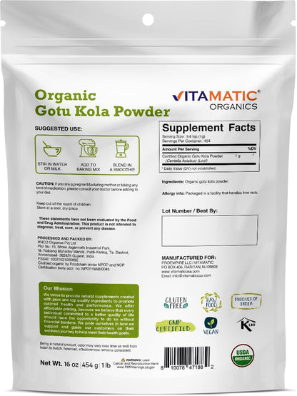 Vitamatic one pound bulk bag showing nutritional facts and GMP certification