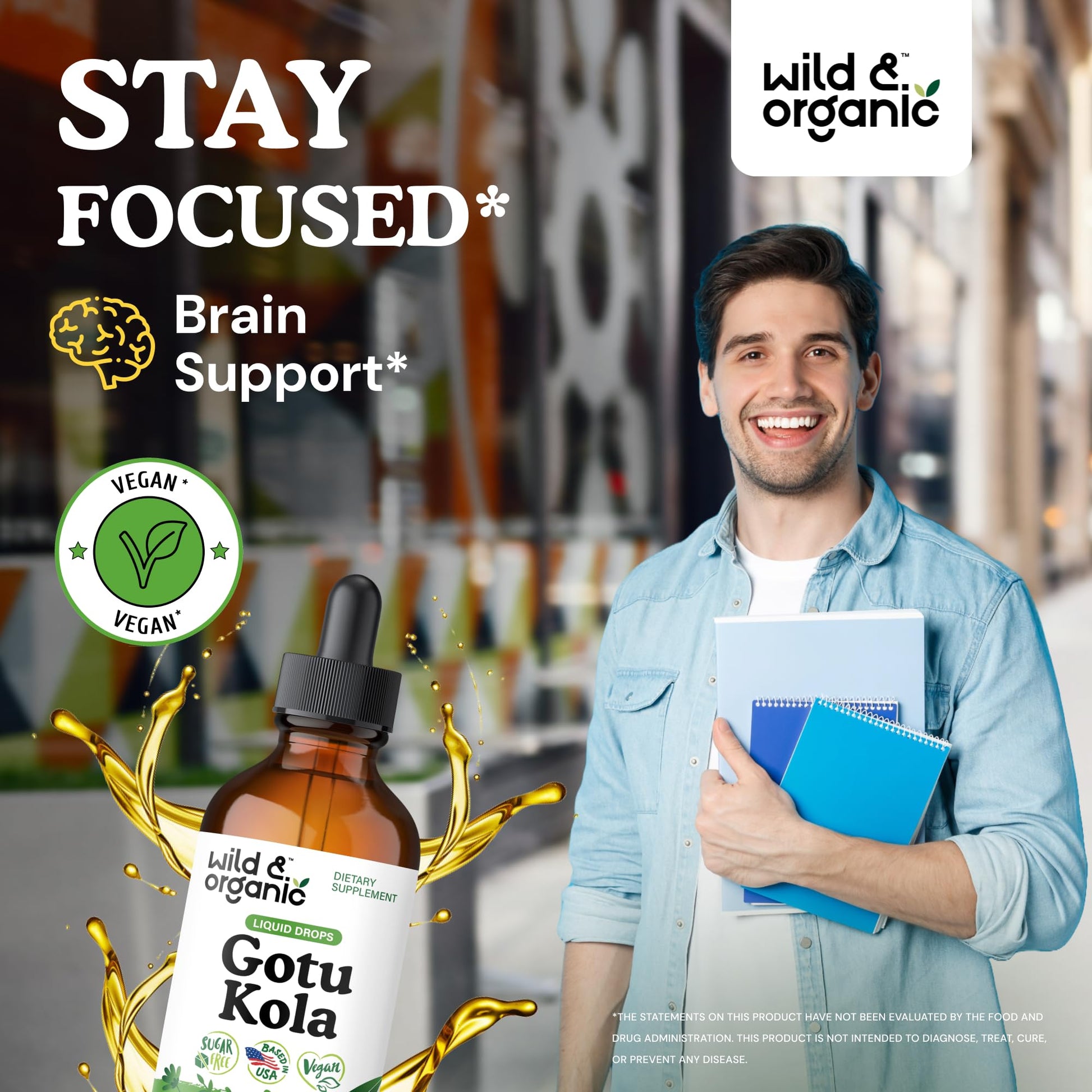 Wild & Organic Centella Asiatica liquid supplement packaging detailing serving size
