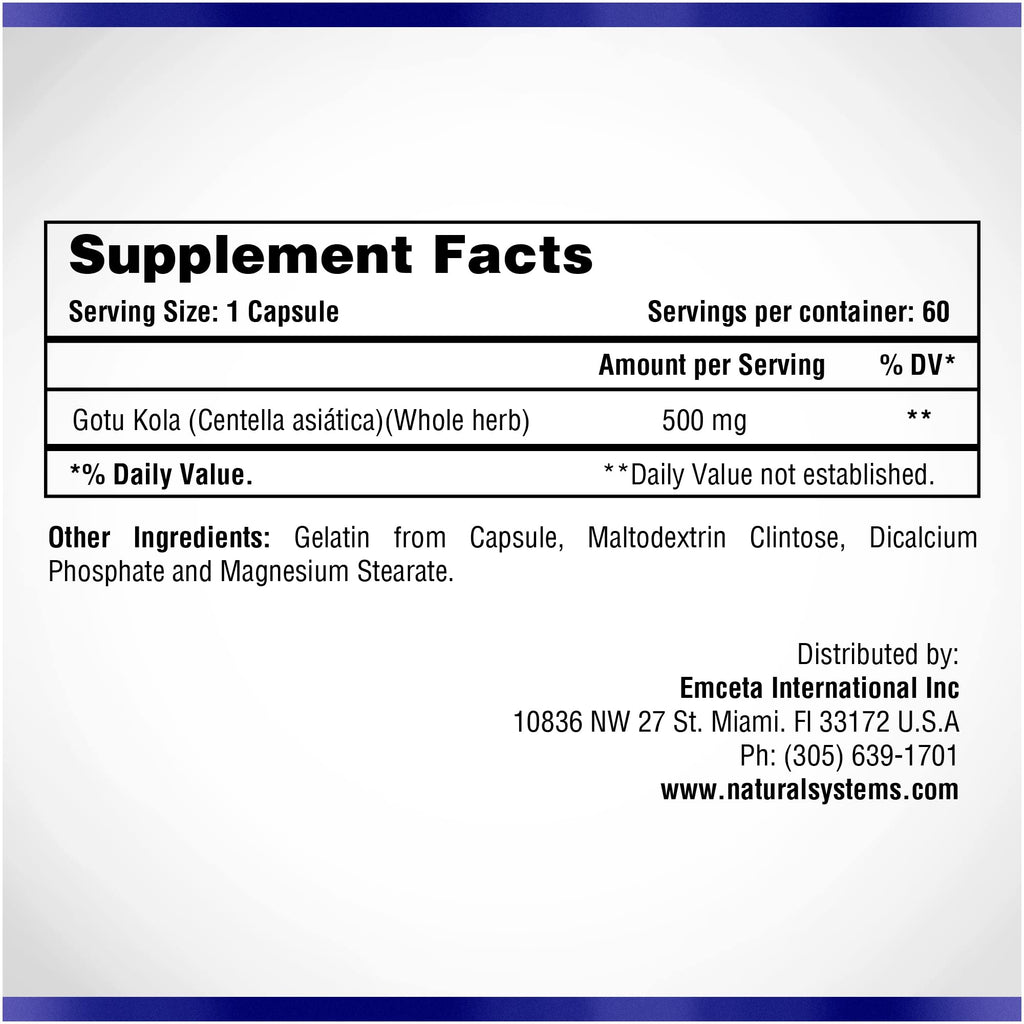 Natarasys Gotu Kola Herb 500mg dietary supplement bottle showing clean formula label