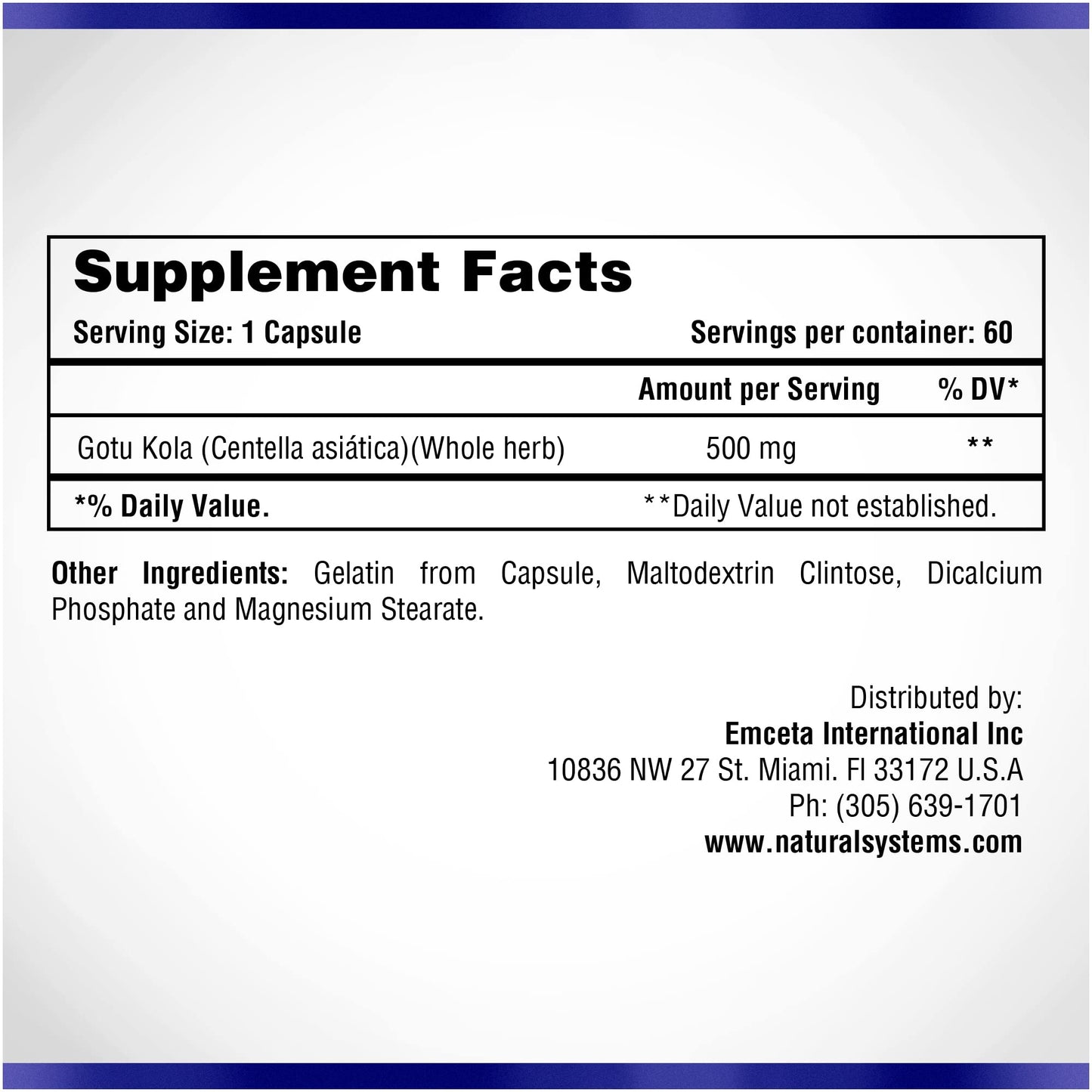Natarasys Gotu Kola Herb 500mg dietary supplement bottle showing clean formula label