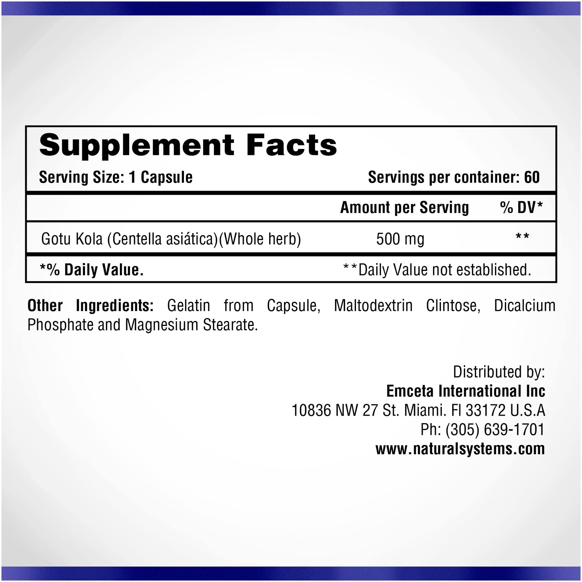 Natarasys Gotu Kola Herb 500mg dietary supplement bottle showing clean formula label