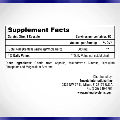 Natarasys Gotu Kola Herb 500mg dietary supplement bottle showing clean formula label