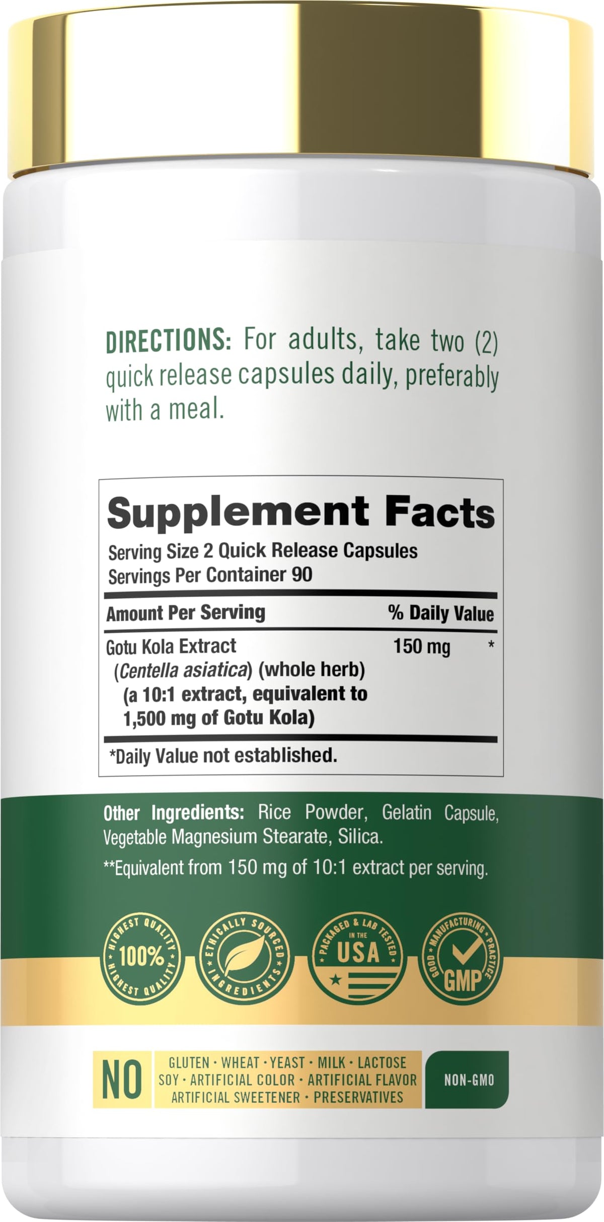 Carlyle Gotu Kola dietary supplement bottle showing ingredient facts and dosage directions