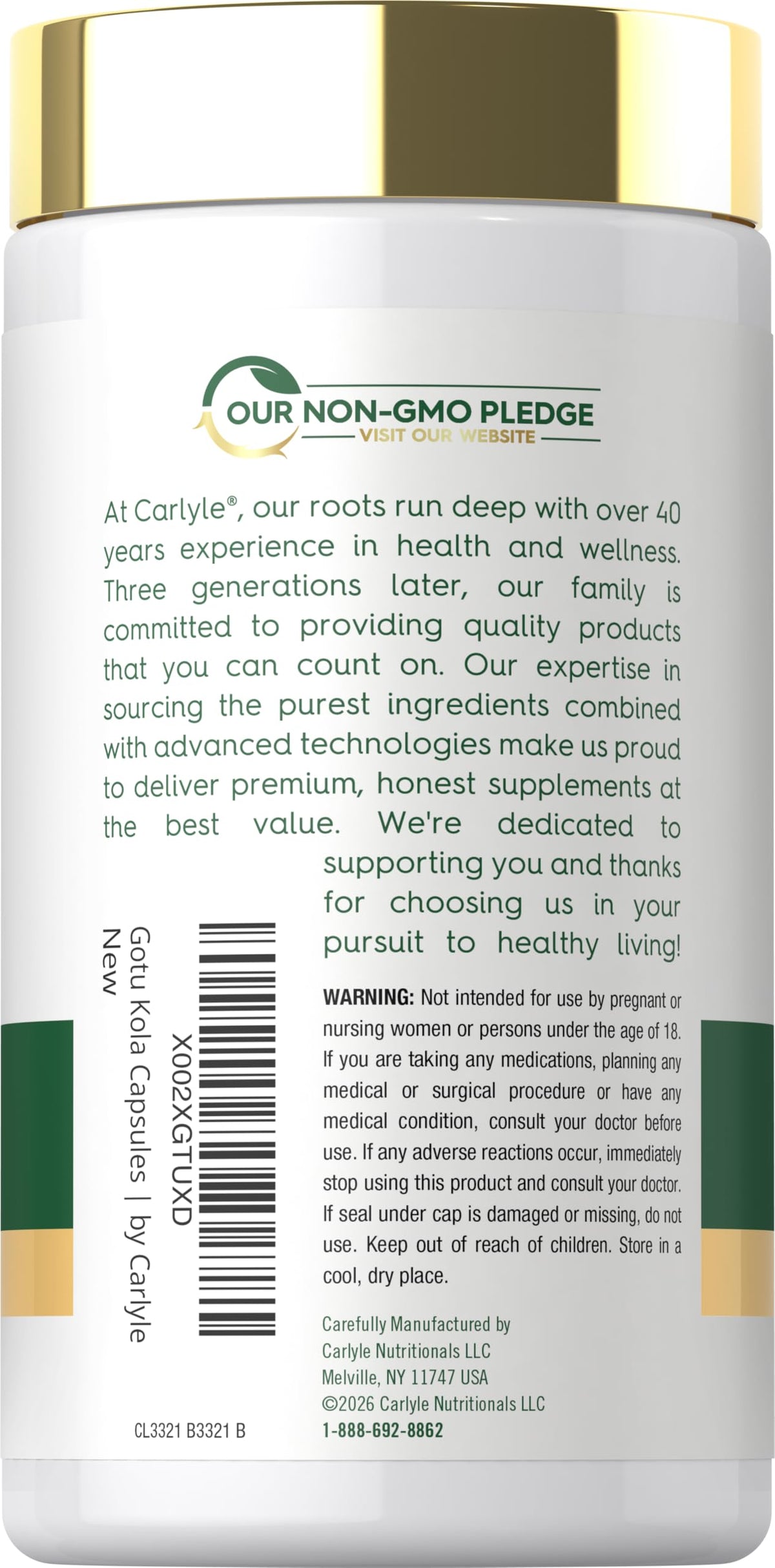 Side angle view of Carlyle Gotu Kola 180 quick release capsules bottle highlighting non-GMO seal