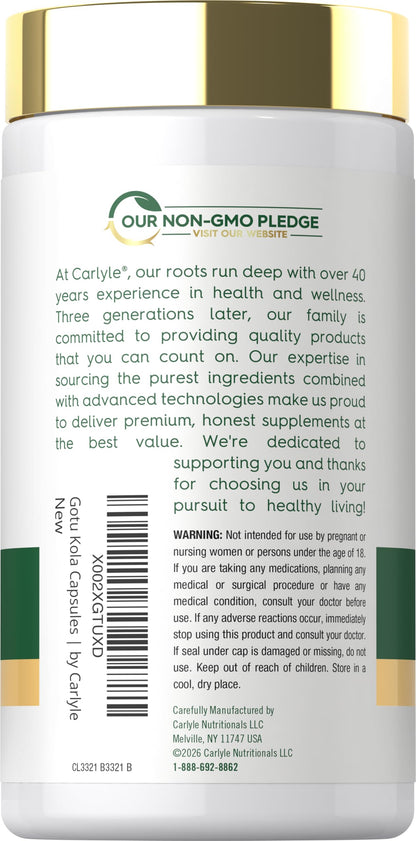 Side angle view of Carlyle Gotu Kola 180 quick release capsules bottle highlighting non-GMO seal