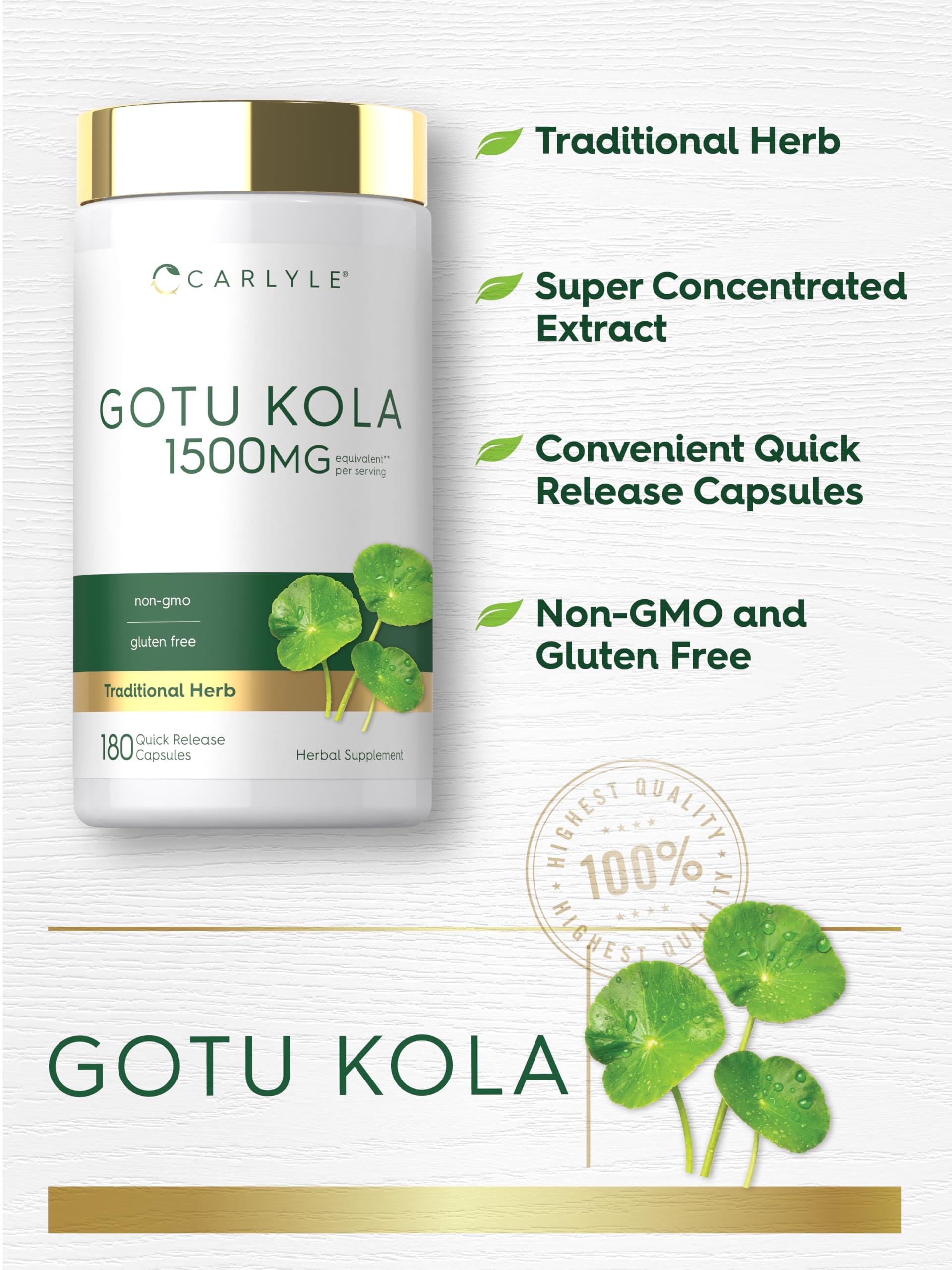 Close-up of Carlyle Gotu Kola supplement nutrition facts panel showing whole herb contents
