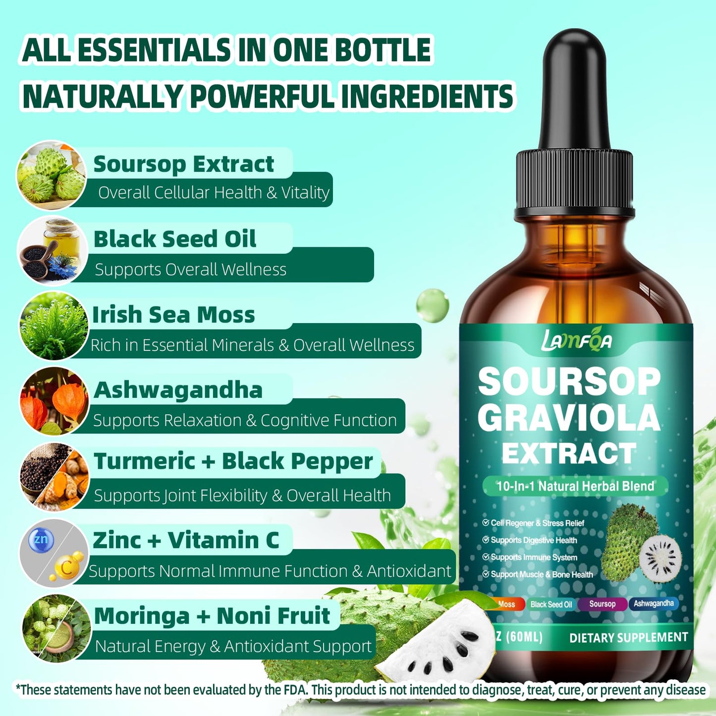 LAMFQA Soursop Graviola liquid drops nutritional facts label showing ashwagandha and sea moss ingredients.
