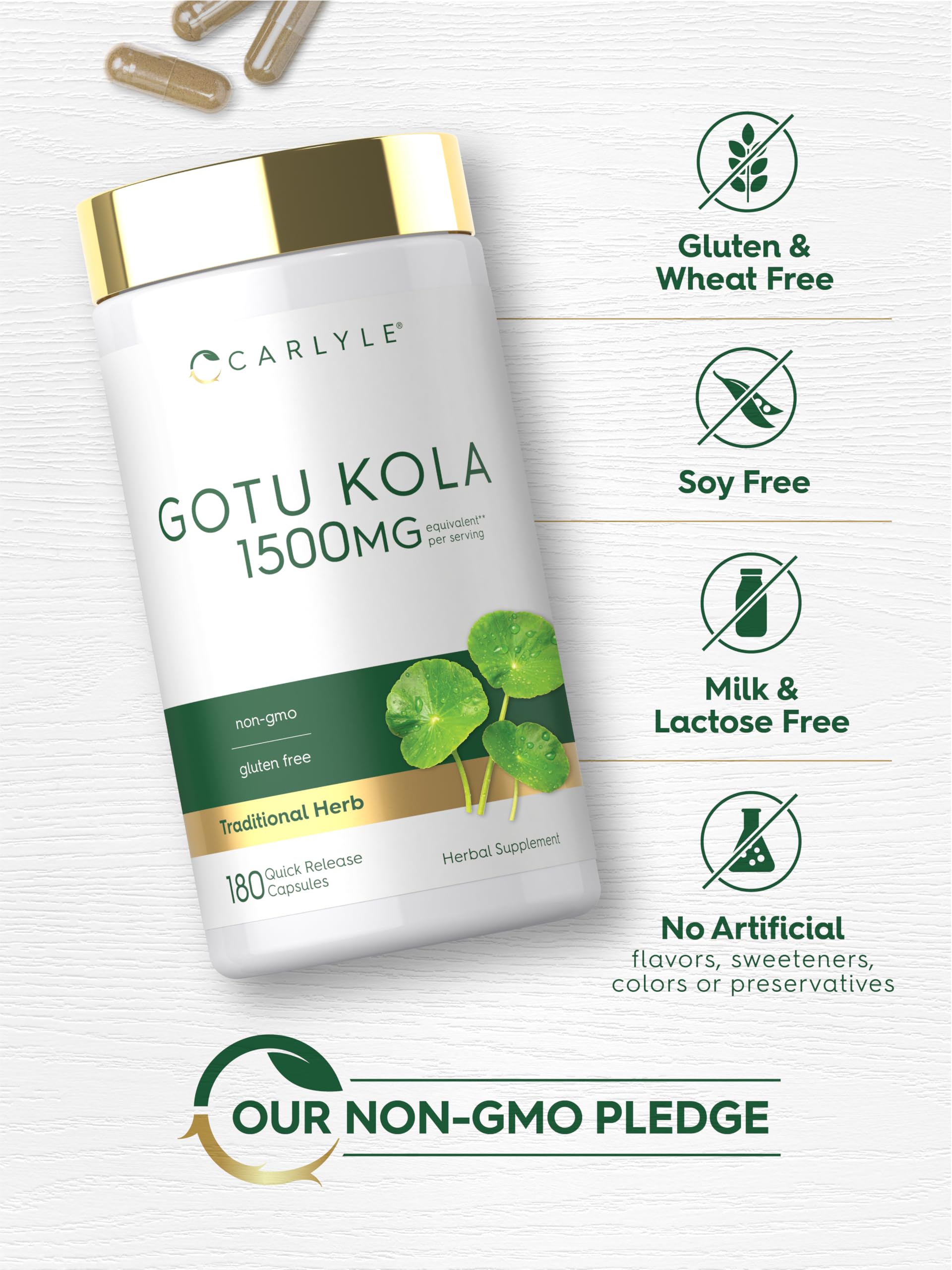 Authentic Carlyle Gotu Kola capsule bottle showing gluten-free and allergen-free certifications