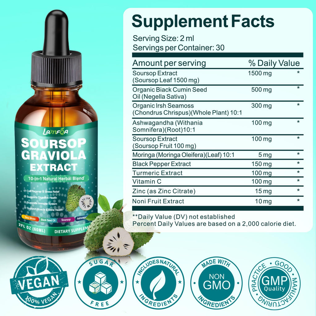 Close up of LAMFQA liquid drops supplement highlighting the vegan and non GMO seals.