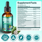 Close up of LAMFQA liquid drops supplement highlighting the vegan and non GMO seals.