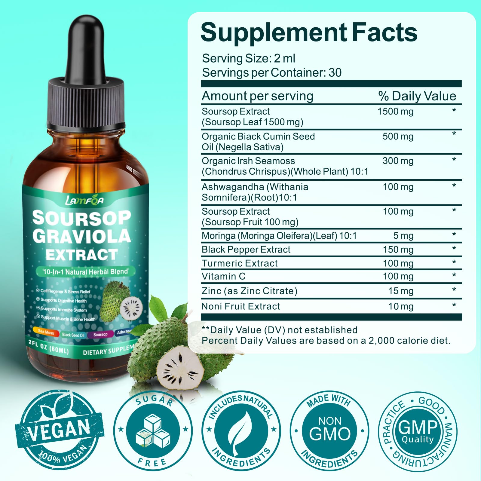 Close up of LAMFQA liquid drops supplement highlighting the vegan and non GMO seals.