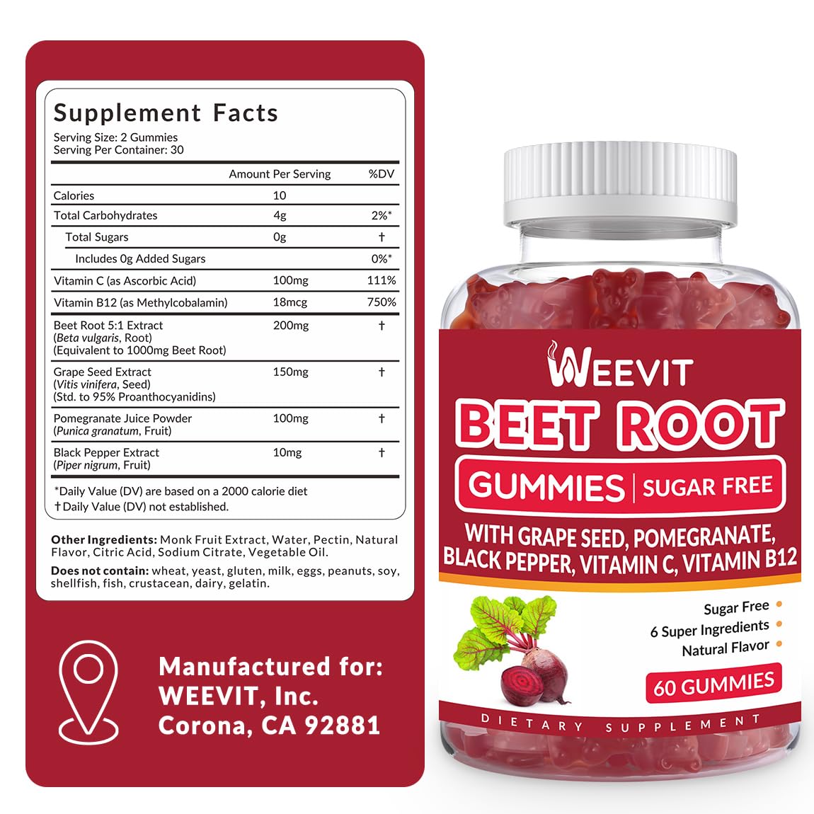 Weevit Beet Root Gummies nutritional label and ingredient information