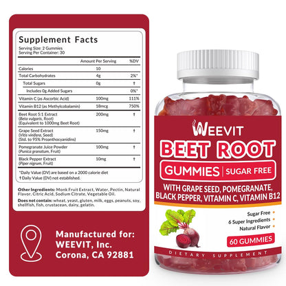 Weevit Beet Root Gummies nutritional label and ingredient information