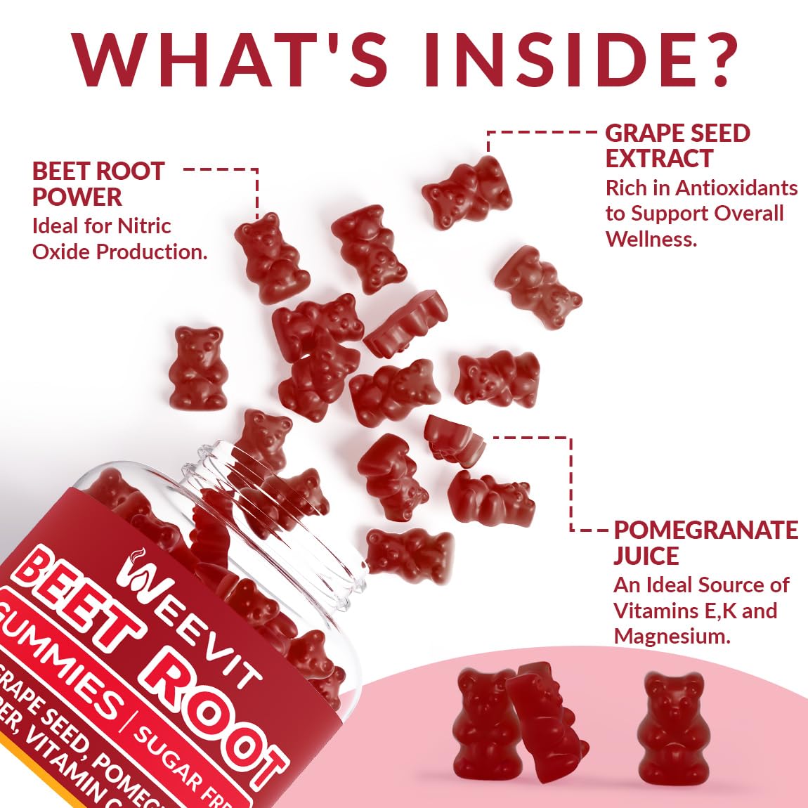 Benefits and key ingredients displayed on Weevit supplement bottle