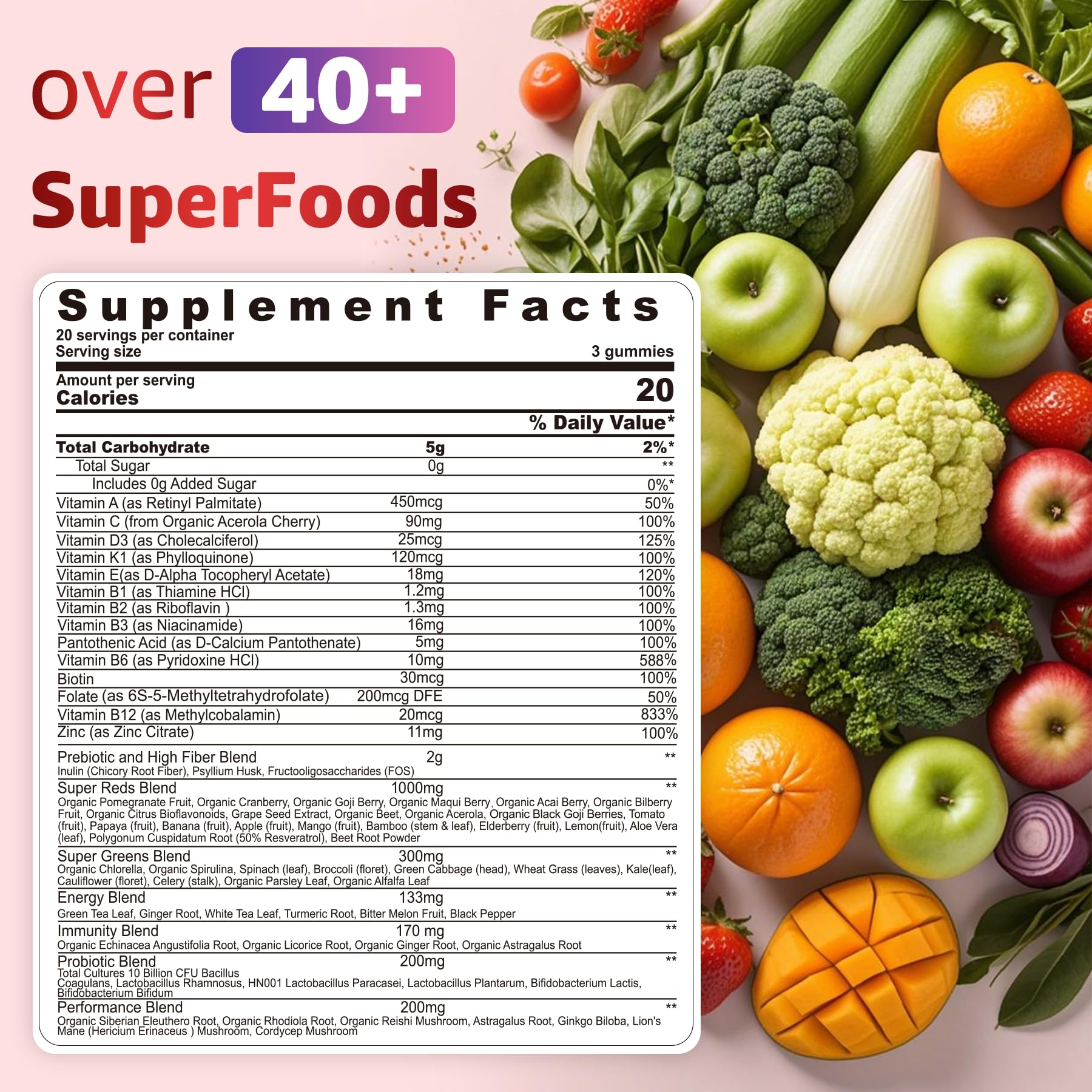 Nextdia Superfood Gummies nutrition label and ingredient list
