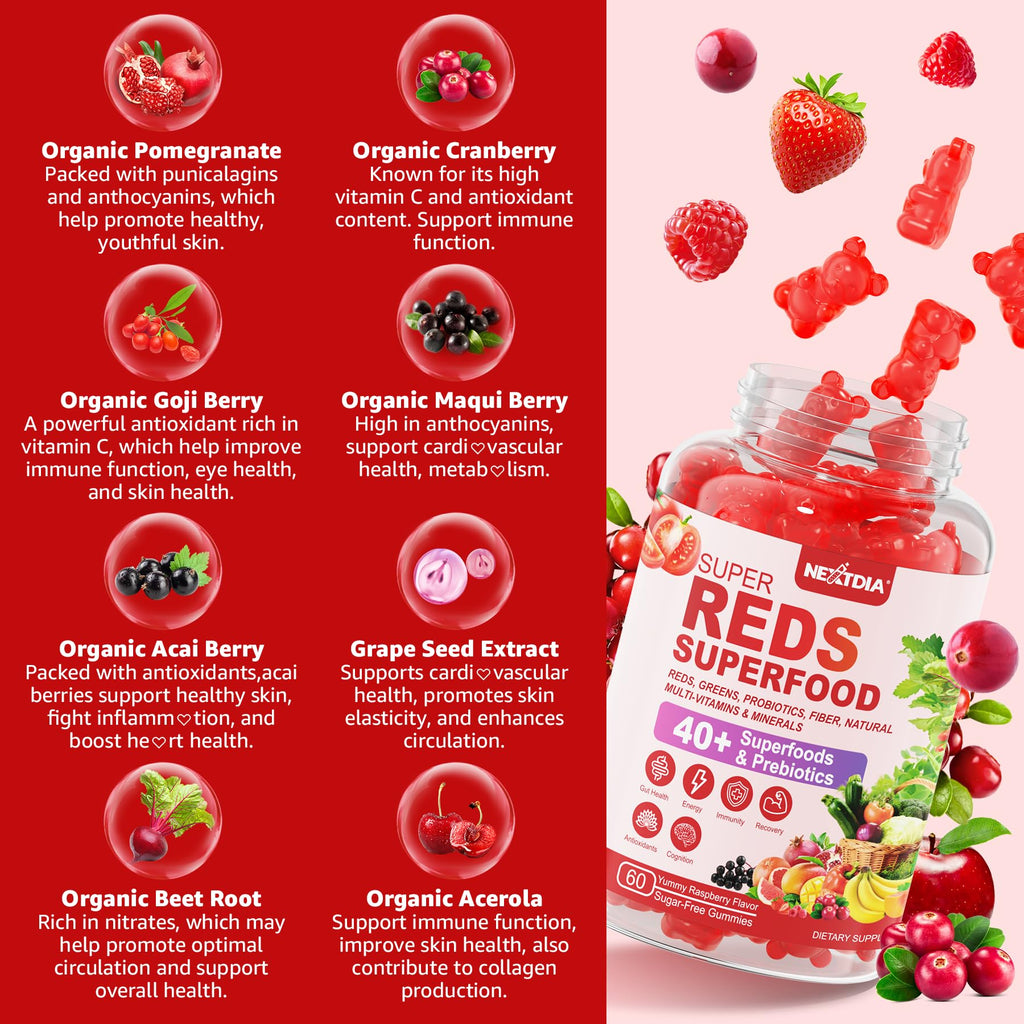 Nextdia Super Greens and Reds Gummies fruit flavor texture