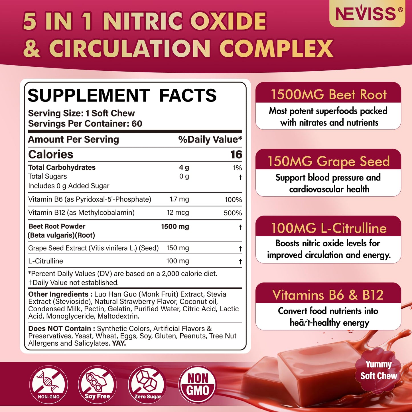 Neviss Beet Heart Chews nutrition facts label
