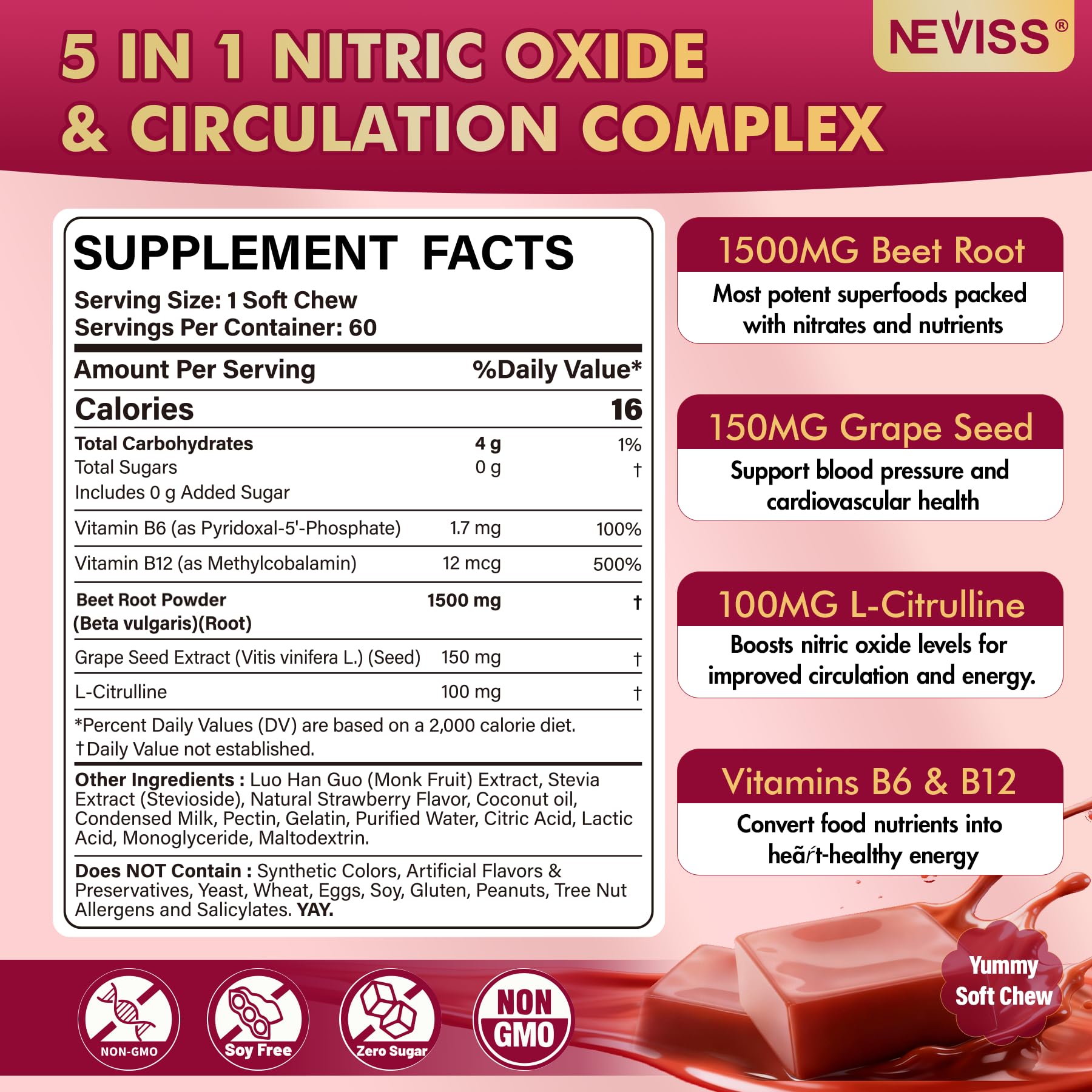 Neviss Beet Heart Chews nutrition facts label